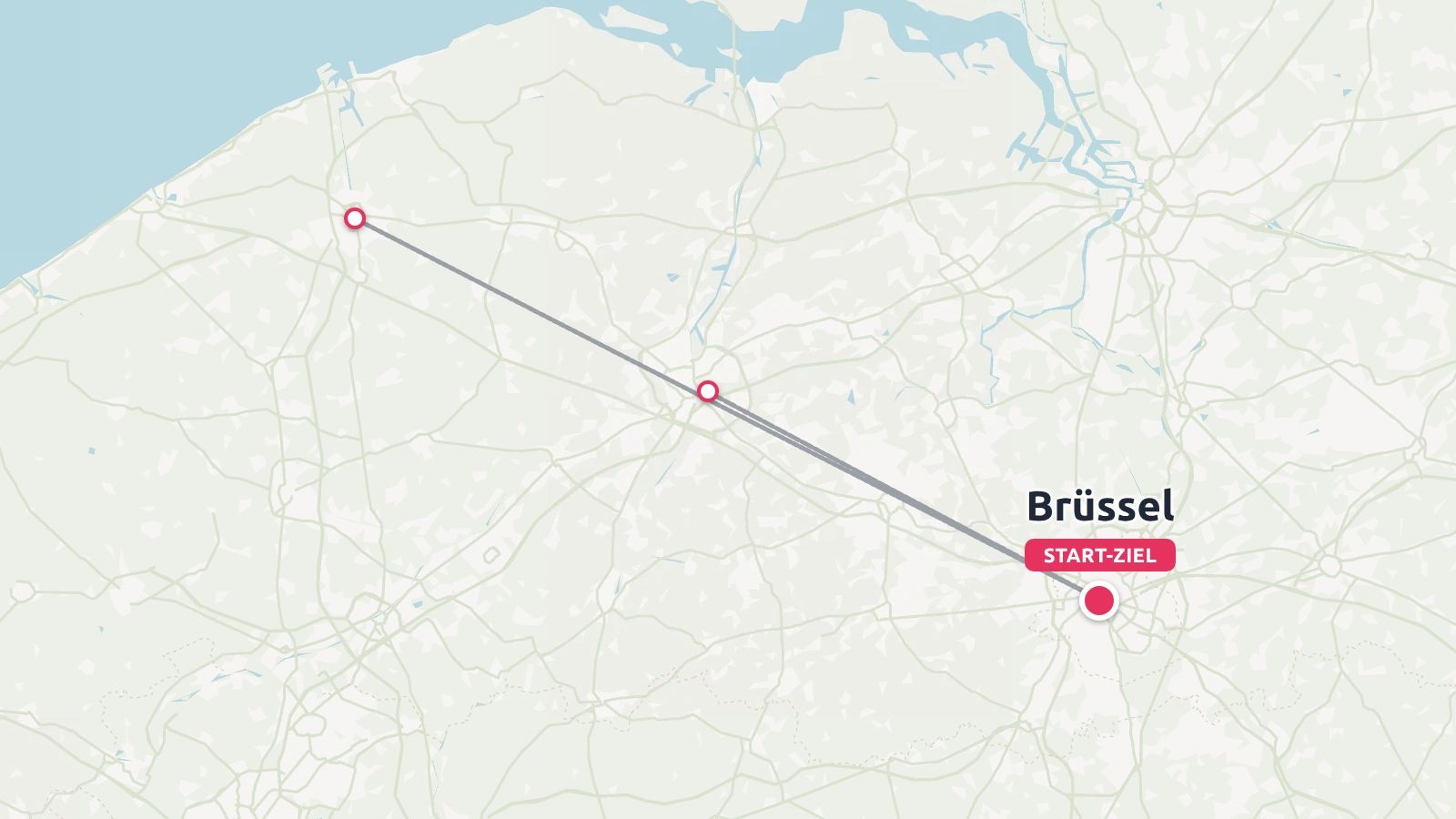 Eine Karte von Belgien mit einer direkten Reiselinie, die in Brüssel endet und mit START-ZIEL beschriftet ist.