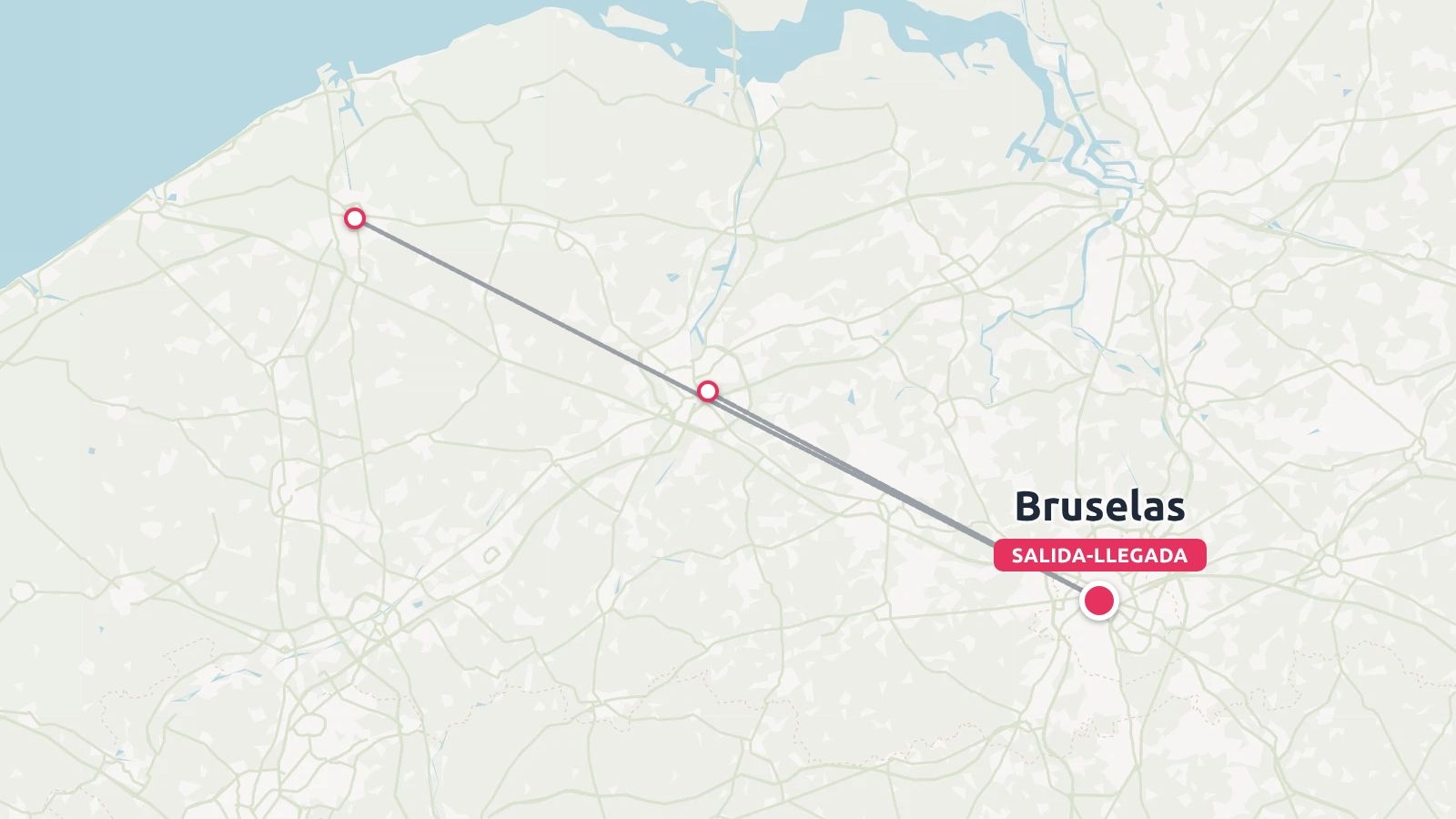Mapa de ruta de viaje que muestra puntos de viaje que conectan con Bruselas con ubicaciones de salida y llegada marcadas.