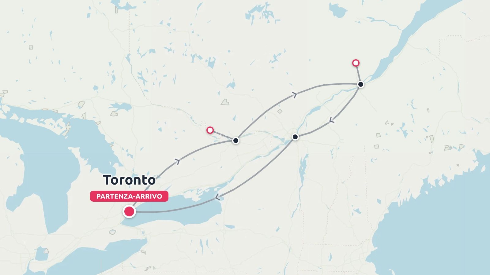 Mappa dell'itinerario di viaggio che mostra un percorso circolare con tappe con partenza e arrivo a Toronto.