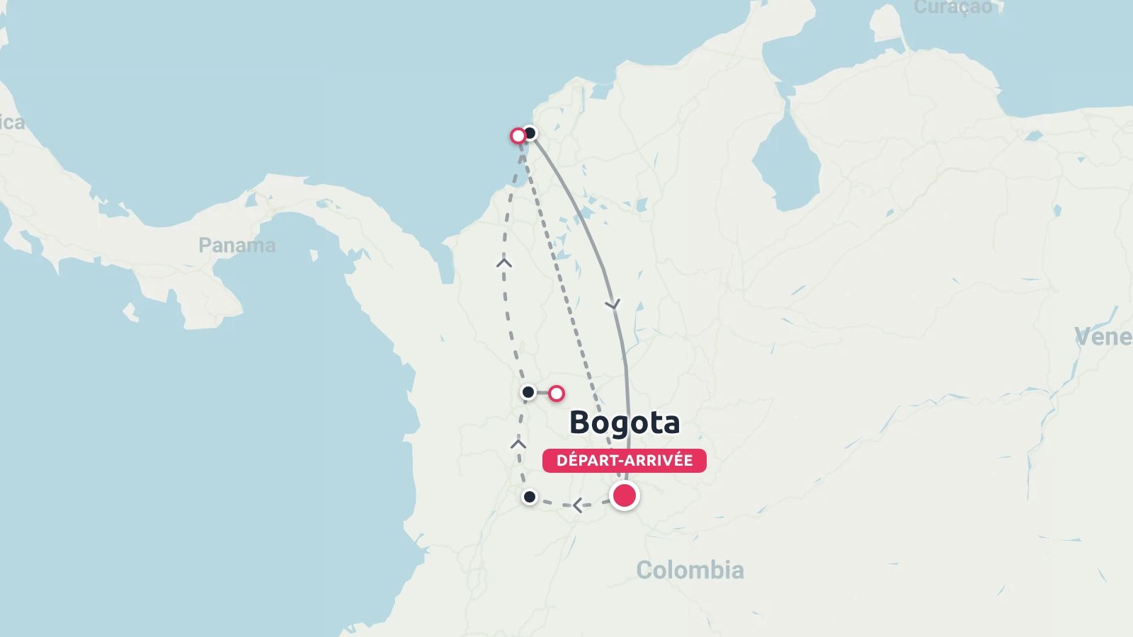 Carte de l'itinéraire de voyage en Colombie montrant une boucle commençant et se terminant à Bogota, s'étendant jusqu'à la côte nord.
