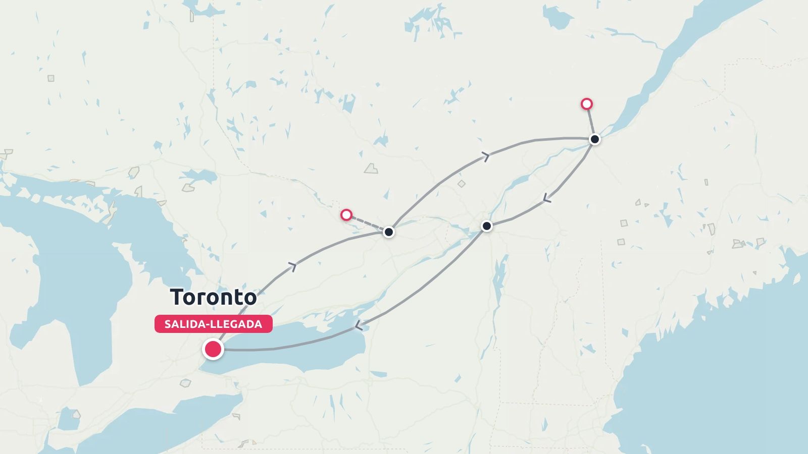 Un mapa de ruta de viaje que muestra un recorrido circular que comienza y termina en Toronto