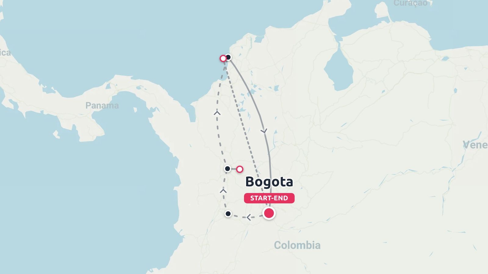 Travel route map of Colombia showing a loop itinerary starting and ending in Bogota.