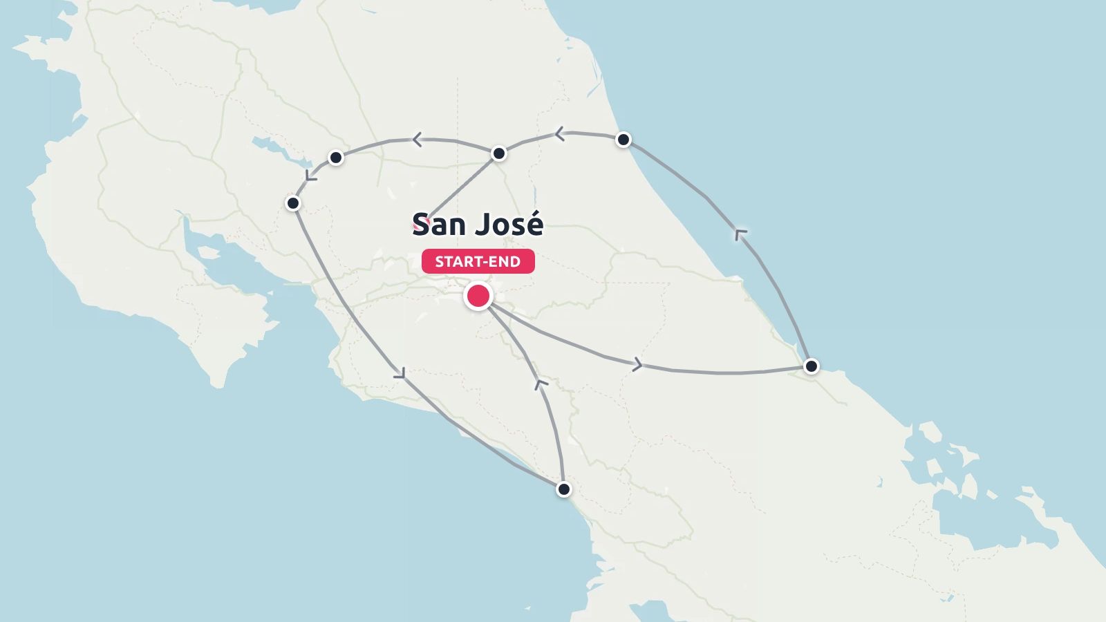 Travel route map of Costa Rica with marked stops forming a circuit starting and ending in San José.