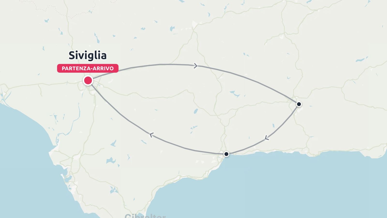 Un itinerario di viaggio attraverso la Spagna meridionale con partenza e arrivo a Siviglia lungo un percorso circolare.