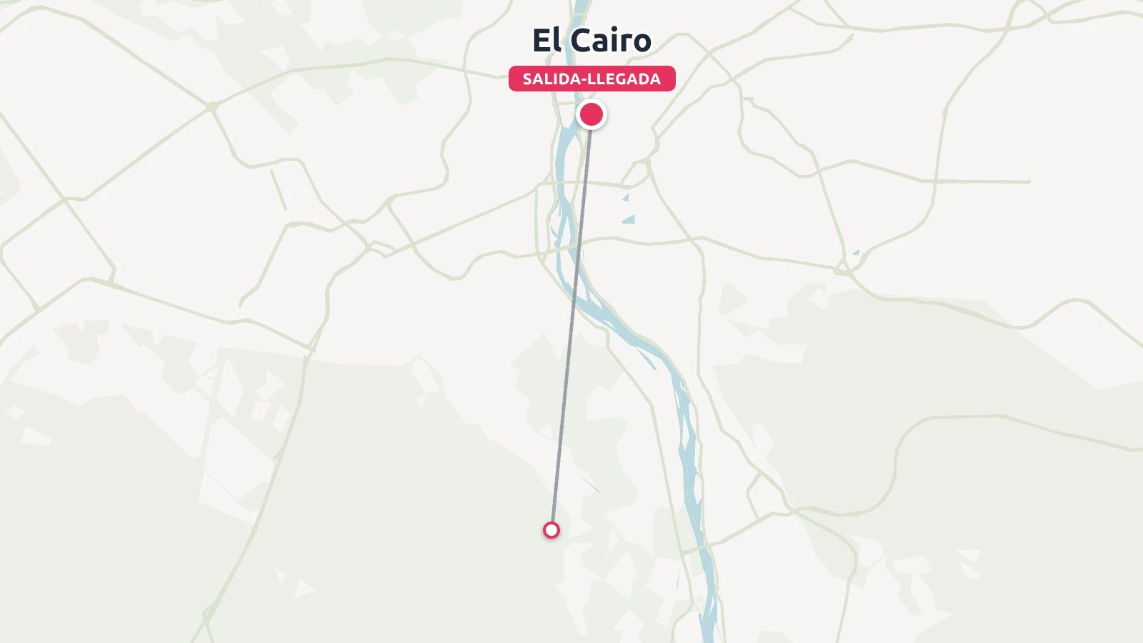 Un mapa de ruta de viaje que muestra los puntos de salida y llegada en El Cairo, Egipto, a lo largo del río Nilo.