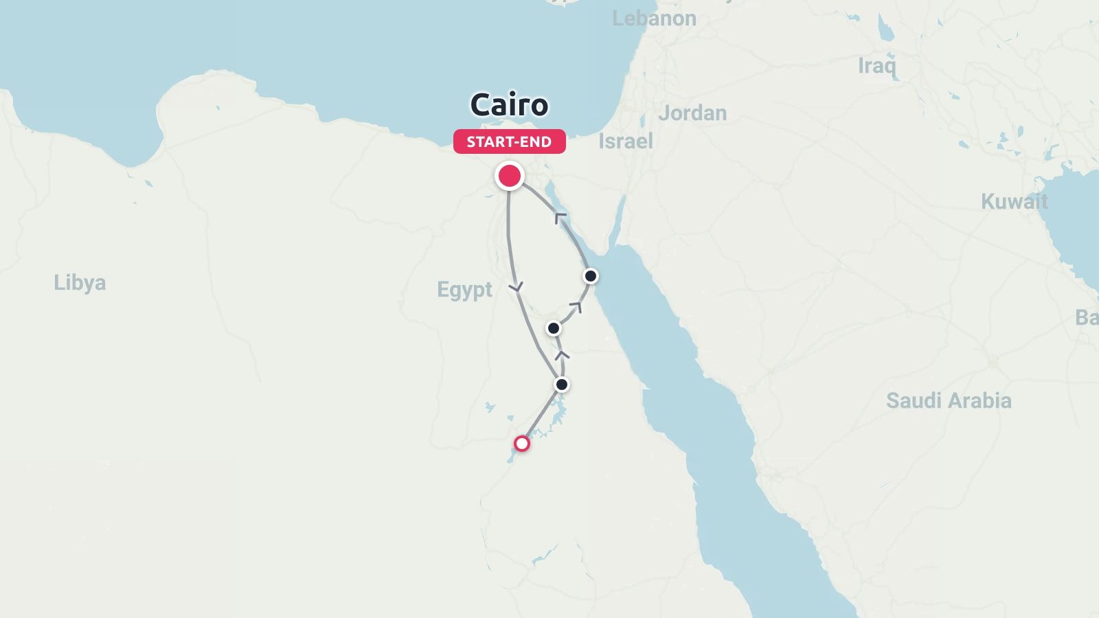 Travel itinerary map of Egypt displaying a route that starts and ends in Cairo with intermediate travel stops.