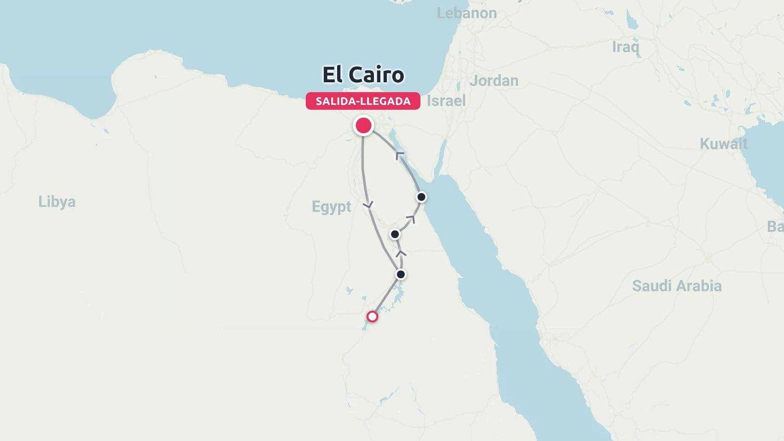Mapa de ruta de viaje por Egipto que empieza y termina en El Cairo, trazando un bucle hacia el sur a lo largo del Nilo.