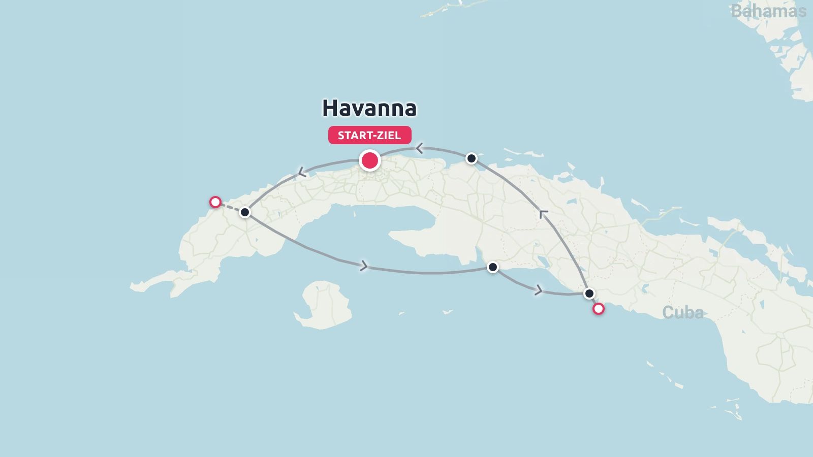 Eine Reiseroute durch Kuba mit einer Rundreise, die in Havanna beginnt und endet.