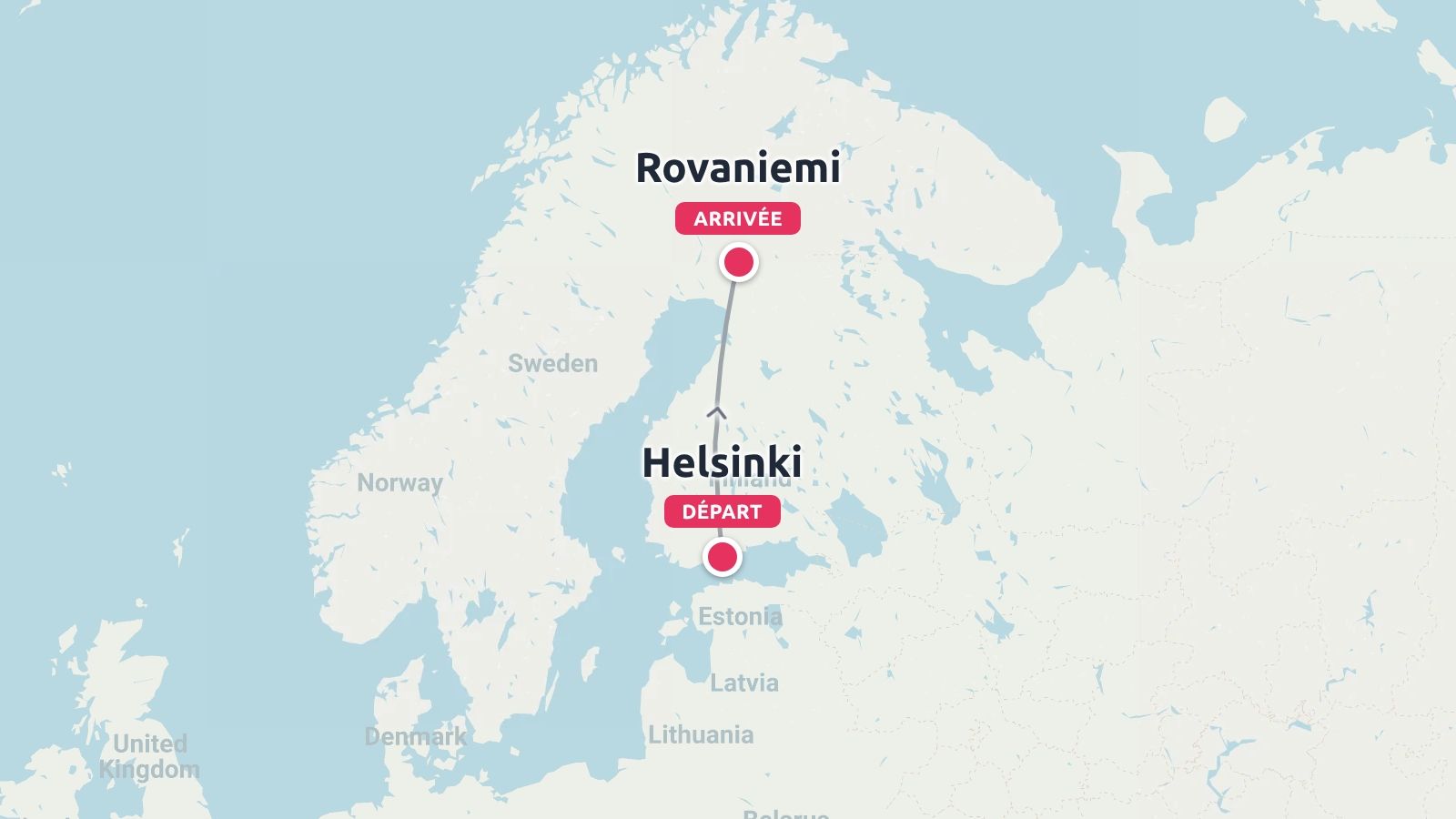Carte de l'Europe du Nord montrant un itinéraire de voyage au départ d'Helsinki et à destination de Rovaniemi, en Finlande.