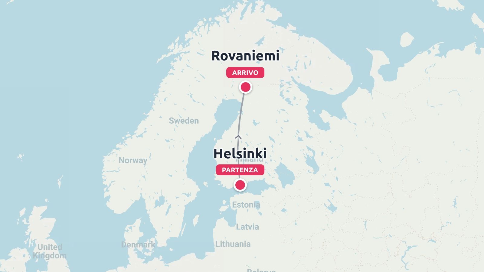 Una mappa dell'itinerario di viaggio che mostra un viaggio che inizia a Helsinki e finisce a Rovaniemi in Finlandia.