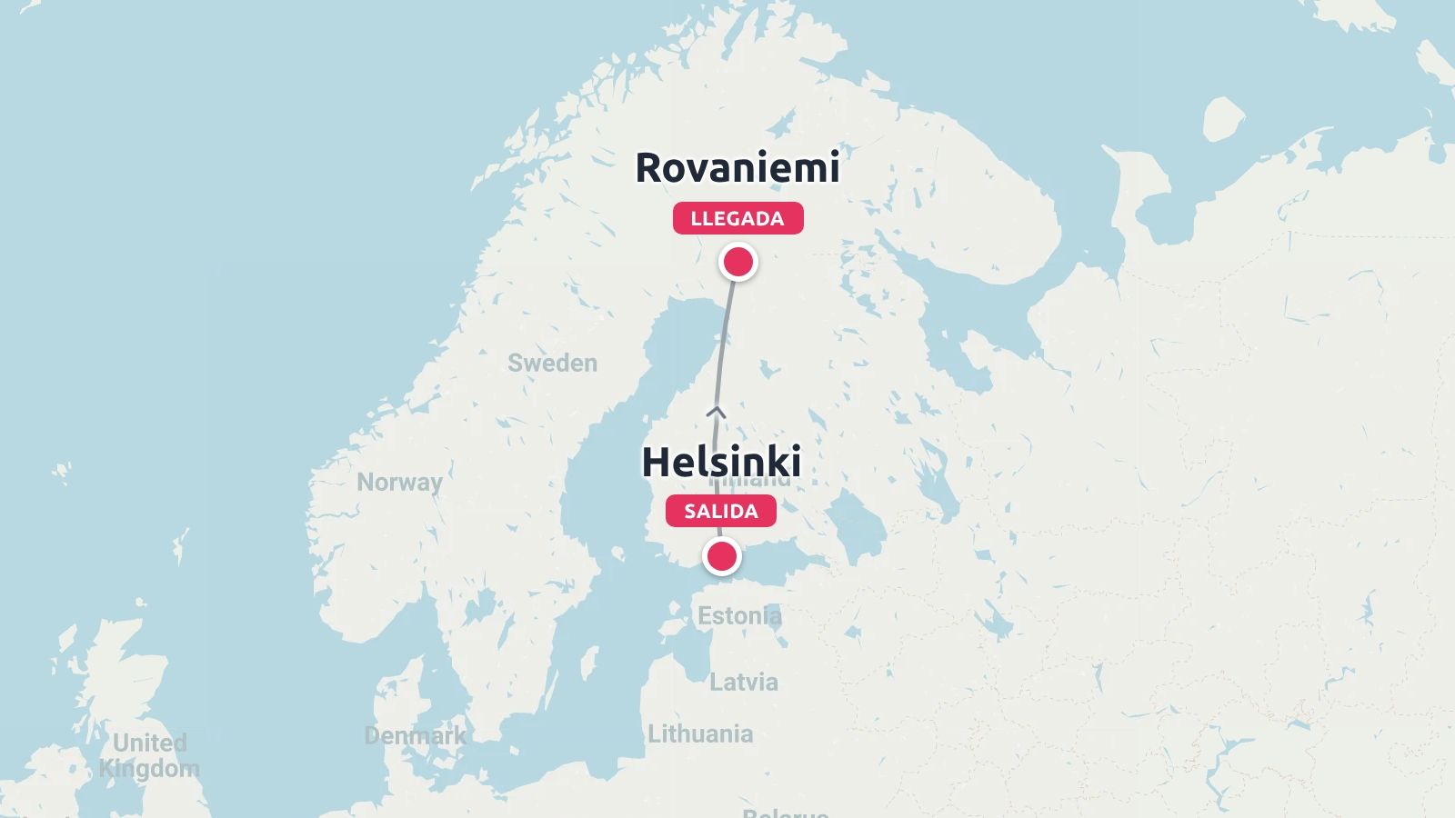 Mapa de la ruta de viaje por Finlandia que muestra una salida desde Helsinki y una llegada a Rovaniemi
