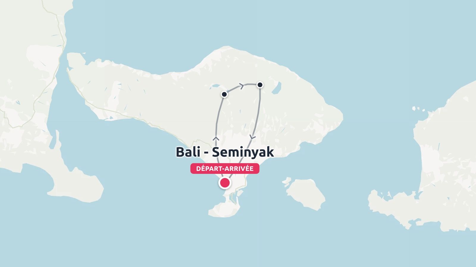 Une carte touristique de Bali montrant un itinéraire circulaire commençant et se terminant à Seminyak