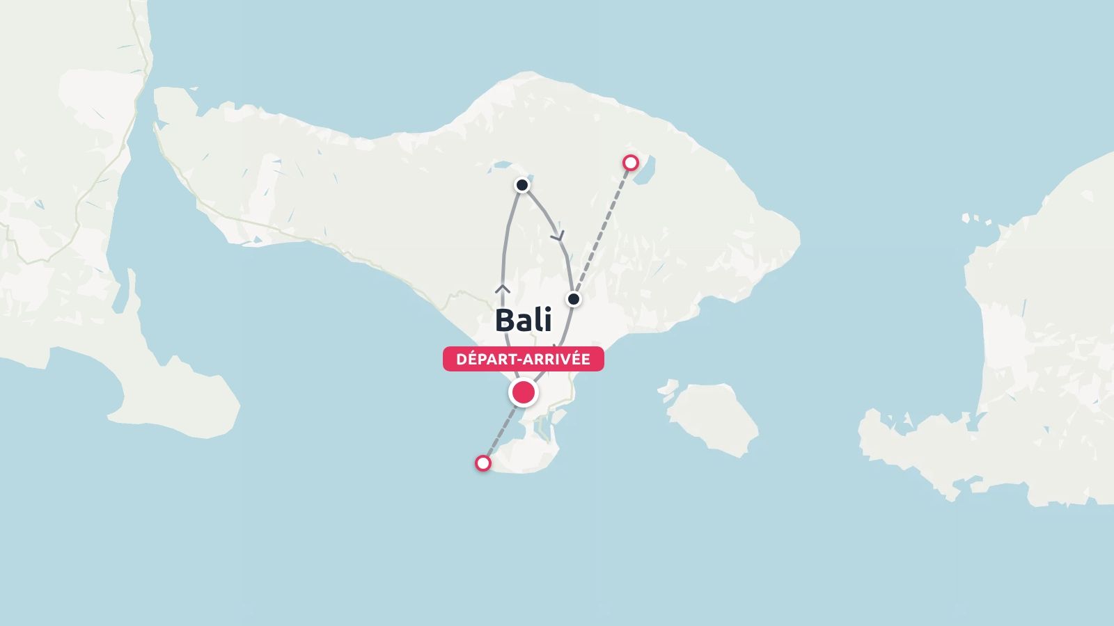 Une carte d'itinéraire de voyage de Bali affichant un parcours aller-retour avec des arrêts marqués à travers l'île.