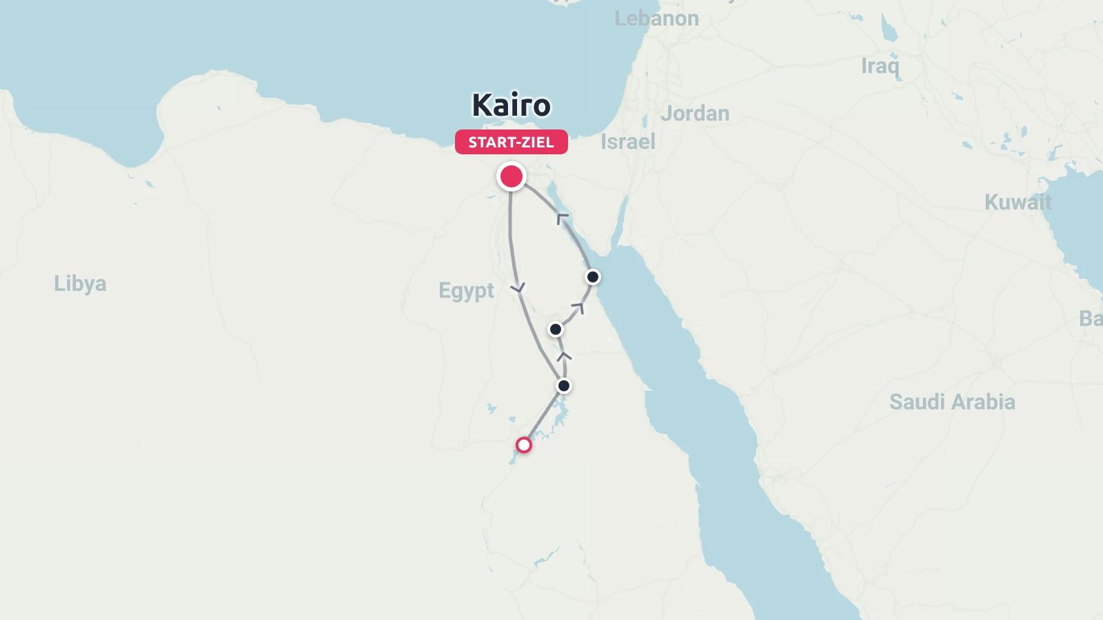 Eine Reisekarte von Ägypten mit einer Rundreise, die in Kairo beginnt und endet, sowie verschiedenen Zwischenstopps.