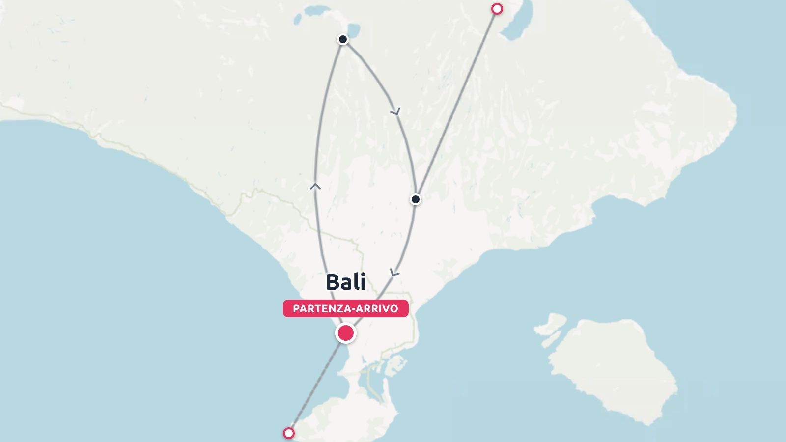 Una mappa dell'itinerario di viaggio di Bali che mostra le tappe collegate in tutta l'isola con partenza e arrivo contrassegnati.