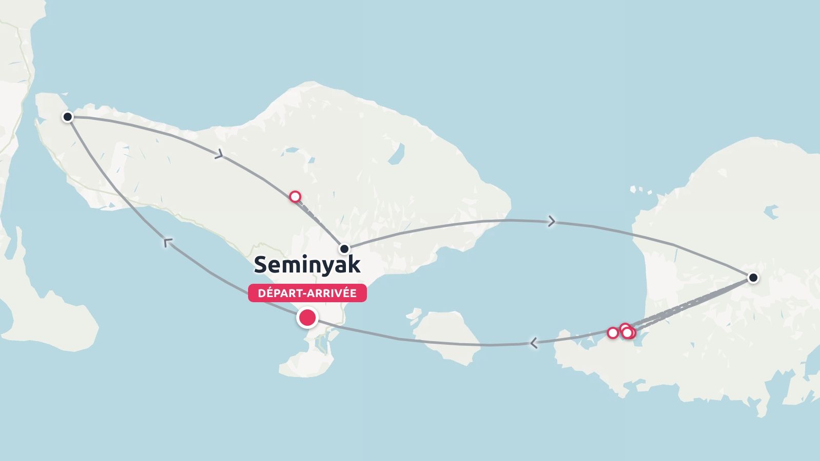 Carte de l'itinéraire de voyage montrant une boucle à travers Bali et Lombok, avec le départ et l'arrivée marqués à Seminyak.