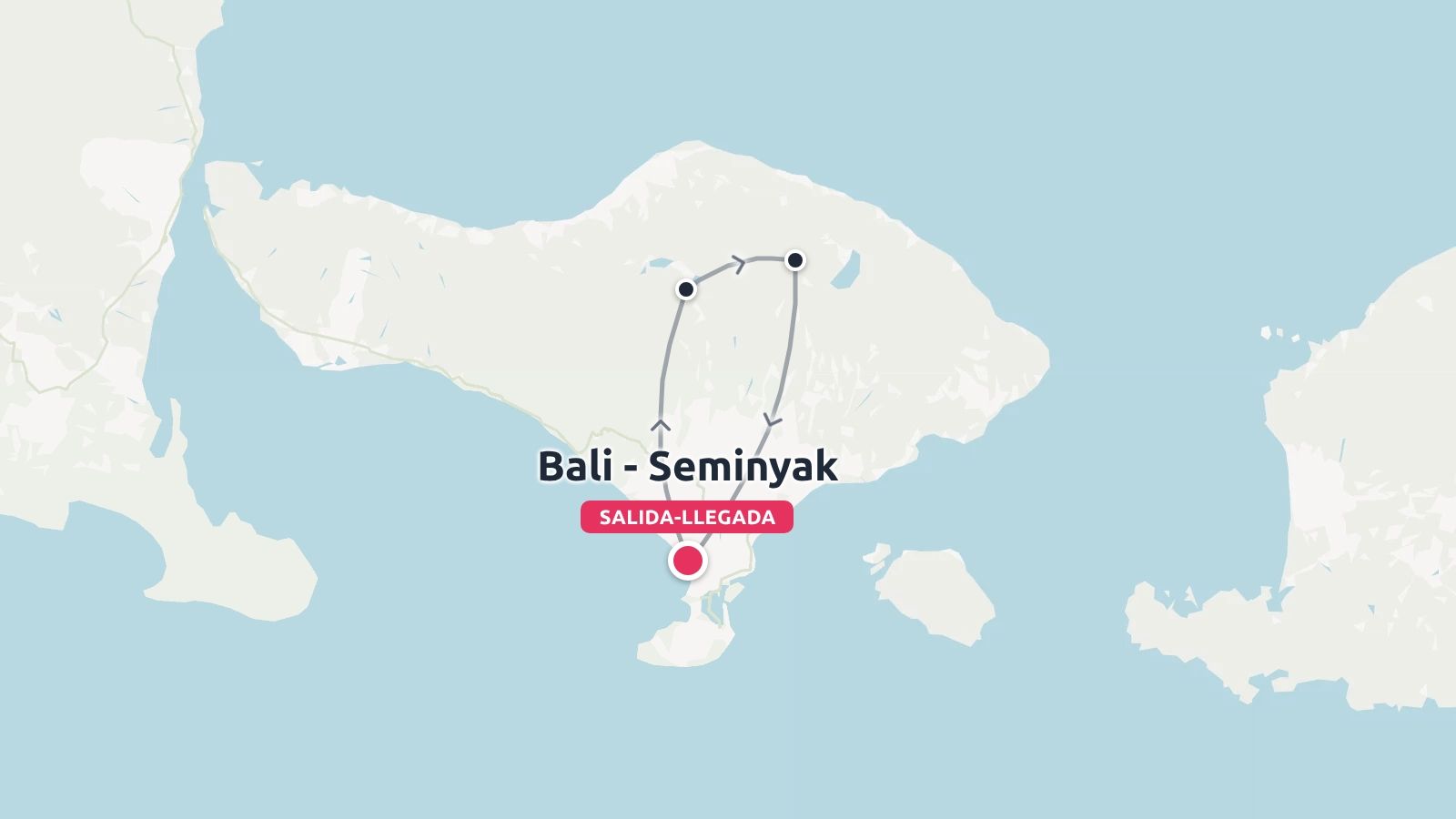 Un mapa de ruta de viaje que muestra un itinerario en circuito por Bali con inicio y fin en Seminyak