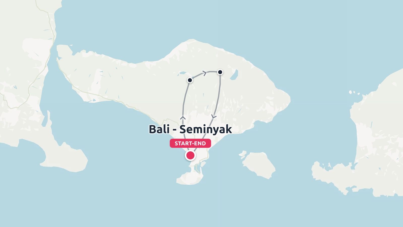 Travel route map of Bali showing a loop starting and ending at Seminyak, connecting multiple stops across the island.
