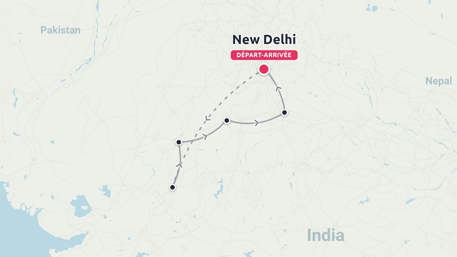 Carte de l'itinéraire de voyage en Inde au départ et à l'arrivée de New Delhi, affichant une boucle d'itinéraire à plusieurs arrêts avec des flèches directionnelles.