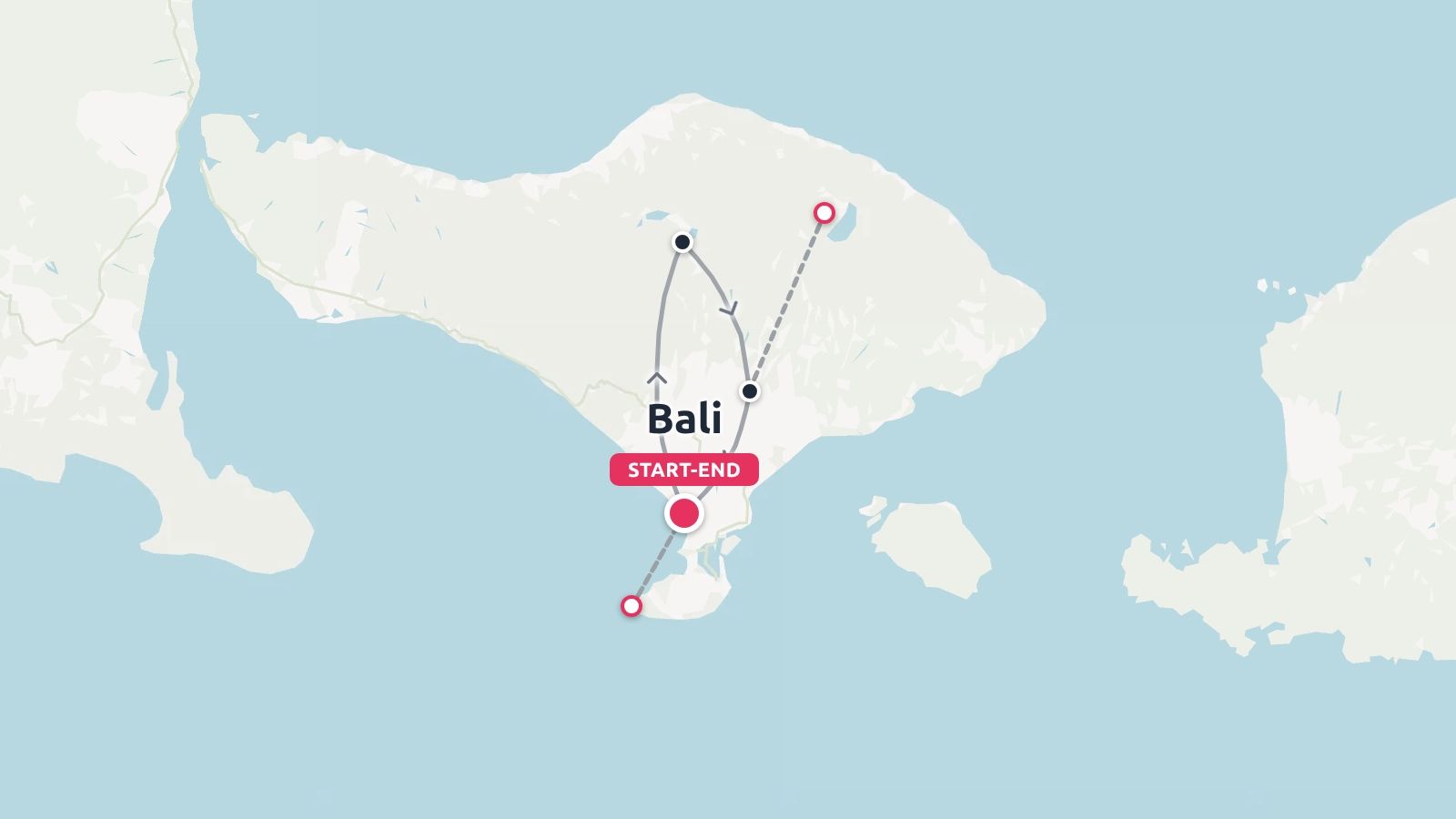 Travel itinerary map of Bali displaying a travel route with start and end points and marked destinations.