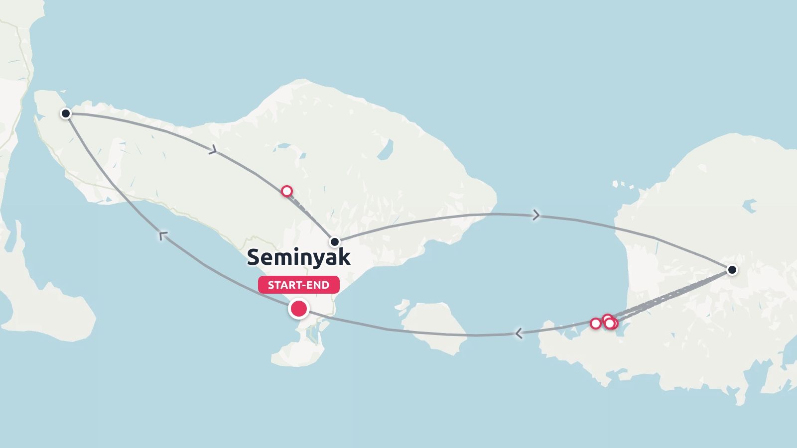 A travel itinerary route map across Bali and neighboring islands, indicating start and end points in Seminyak.