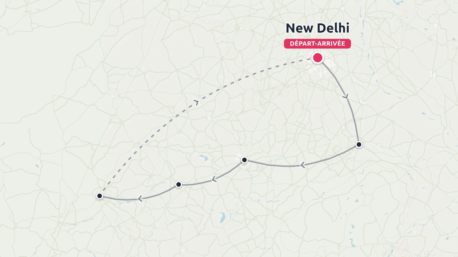 Carte d'itinéraire de voyage montrant un parcours circulaire débutant et se terminant à New Delhi avec plusieurs étapes