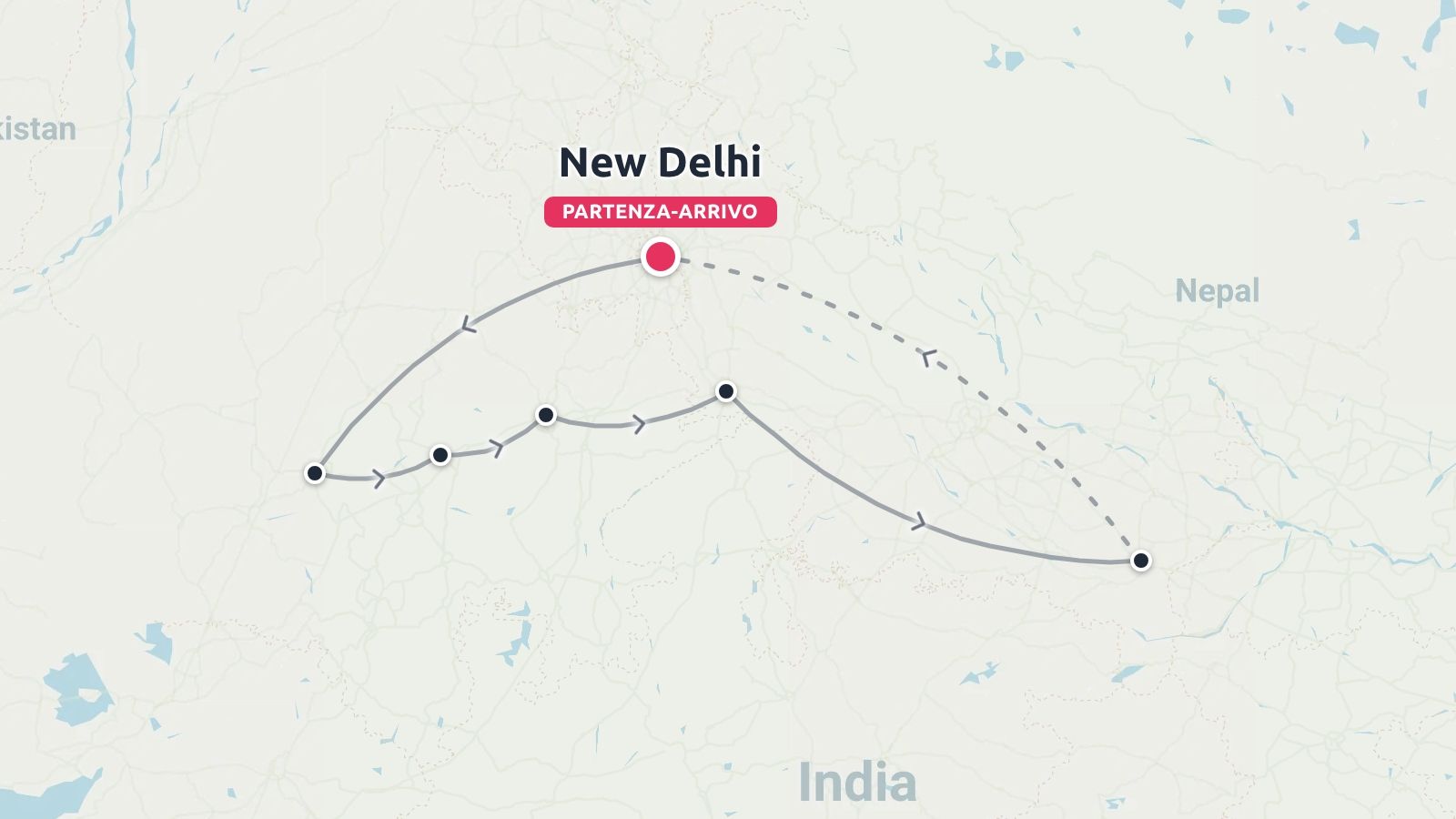 Mappa dell'itinerario di viaggio nel nord dell'India con le tappe e un anello con partenza e arrivo a Nuova Delhi
