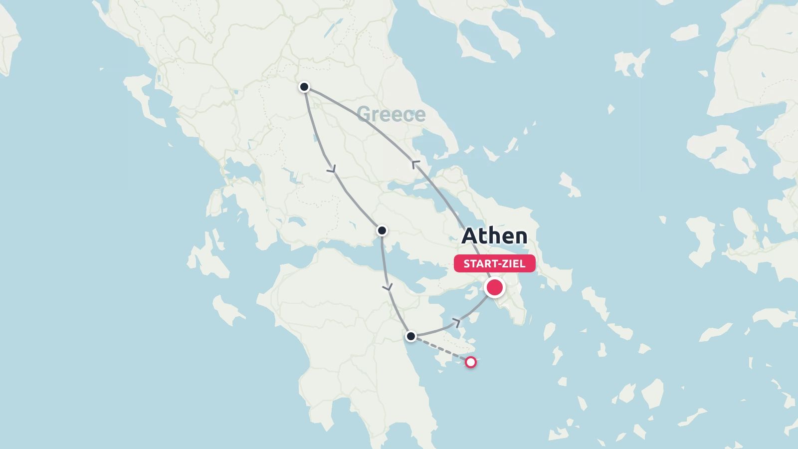 Reiseroute von Griechenland mit einer Rundreise, die in Athen beginnt und endet.