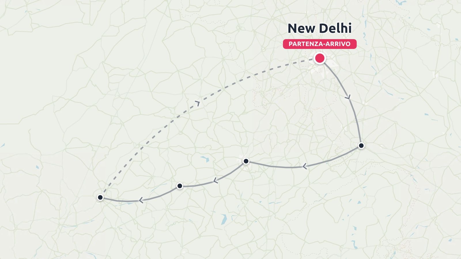 Mappa del percorso di viaggio che mostra un itinerario circolare con partenza e arrivo a Nuova Delhi.