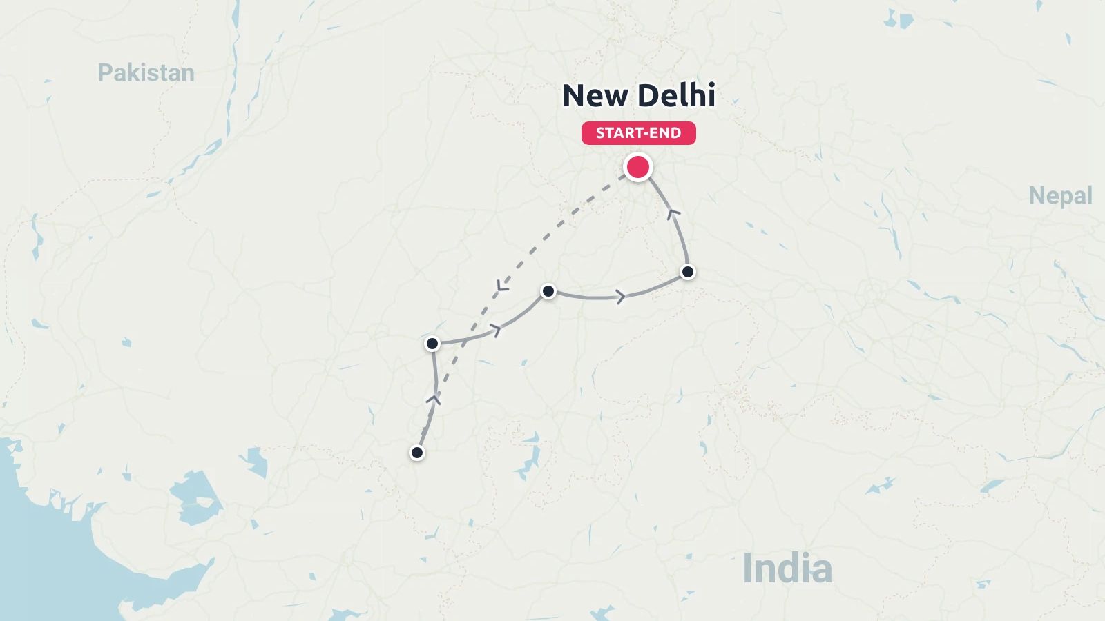A travel route map of India with a circular path starting and ending in New Delhi.