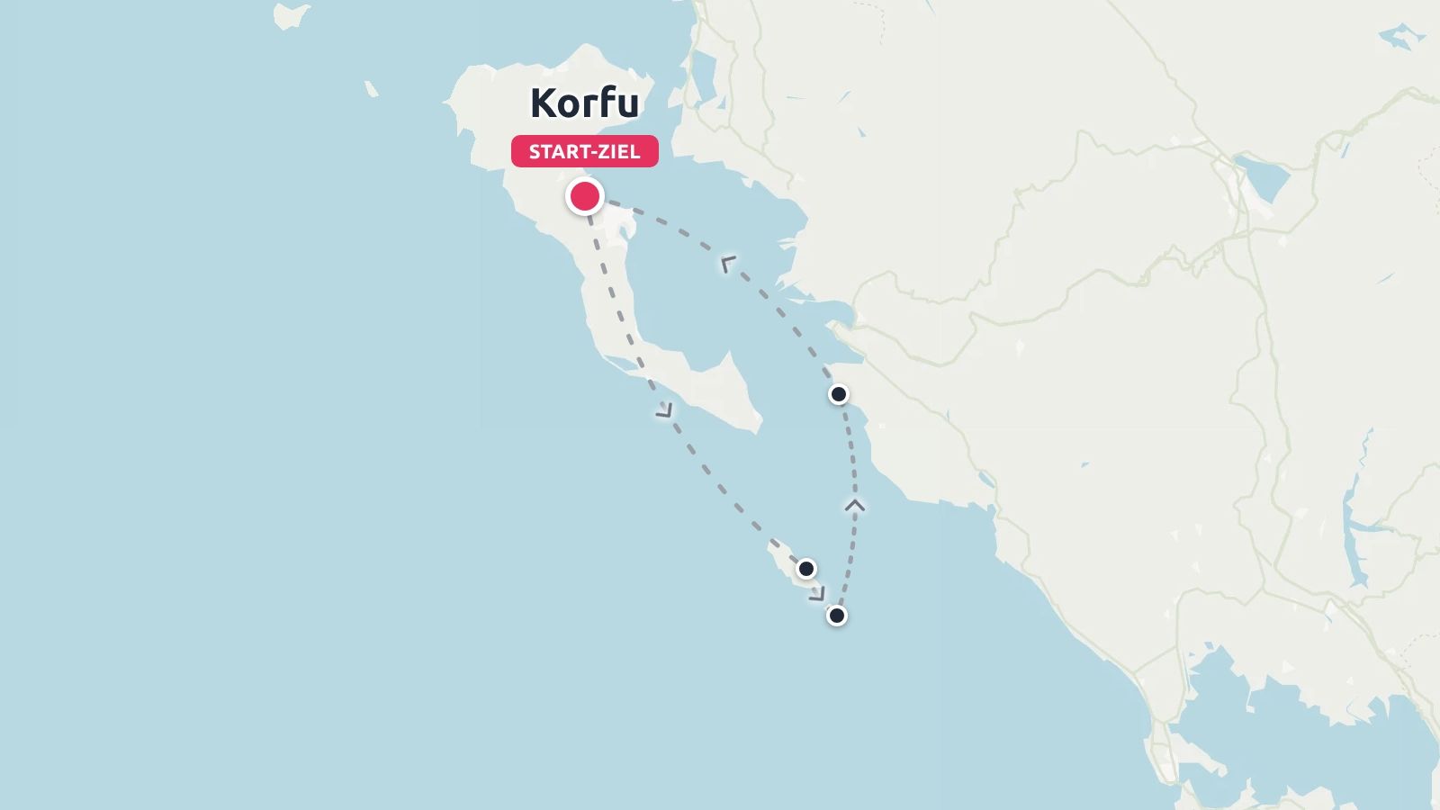 Eine Reiseroute von Korfu mit einem kreisförmigen Routenverlauf und Wegpunkten entlang der Küstengewässer.