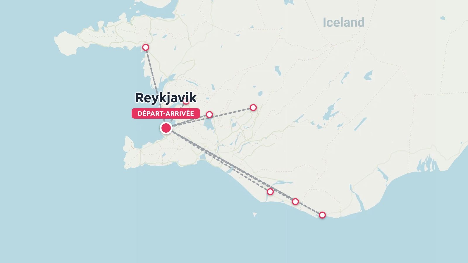 Une carte d'itinéraire de voyage du sud-ouest de l'Islande affichant les arrêts de l'itinéraire commençant et se terminant à Reykjavik.