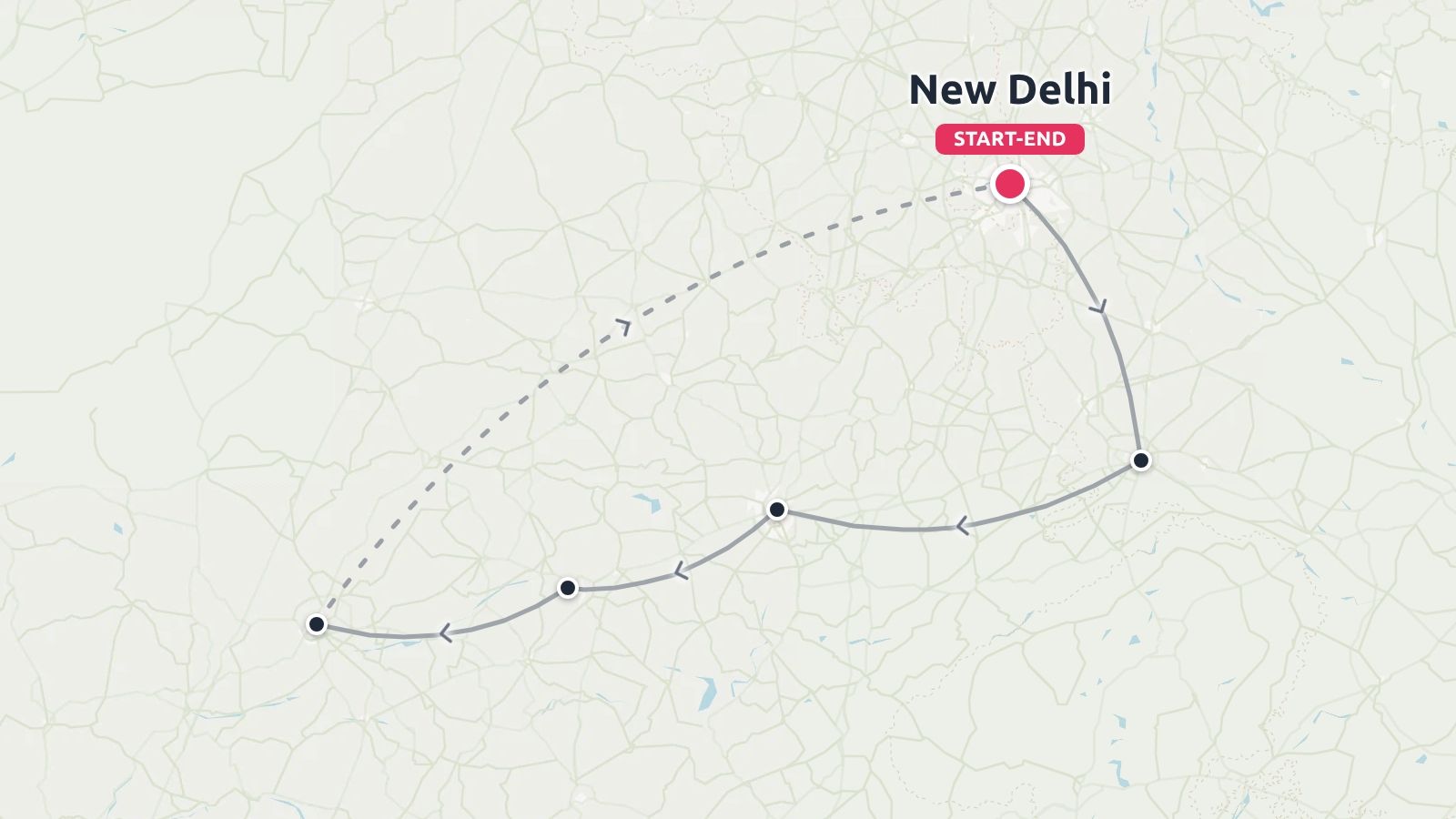 Travel route map starting and ending in New Delhi, tracing a loop across multiple destination points.