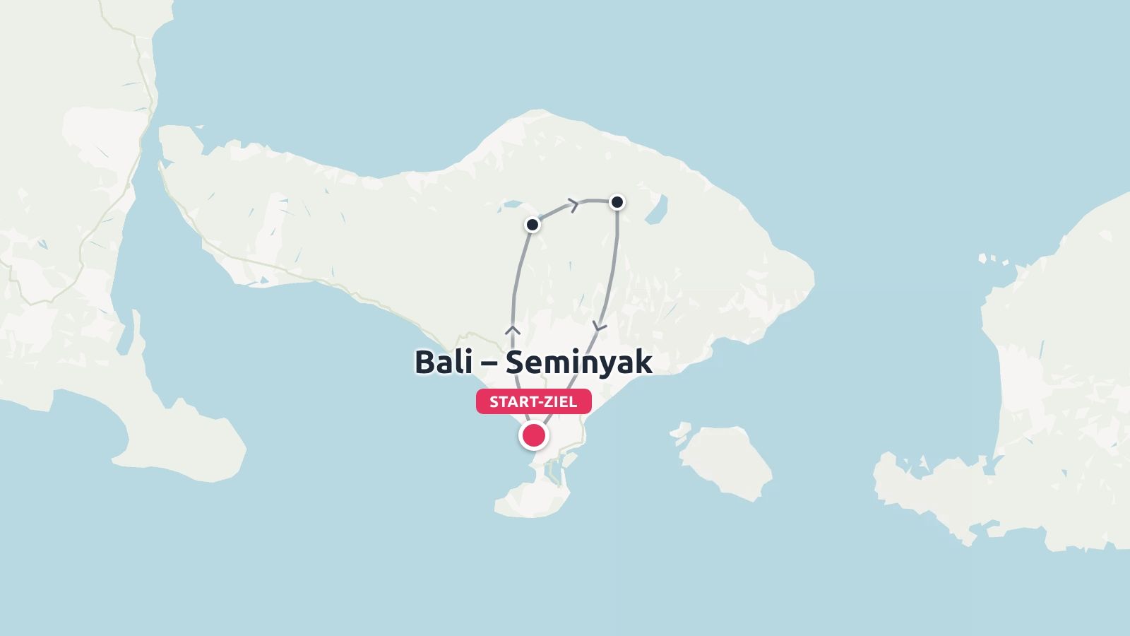 Eine Reiseroute für Bali, die eine Rundreise mit Start und Ziel in Seminyak zeigt.