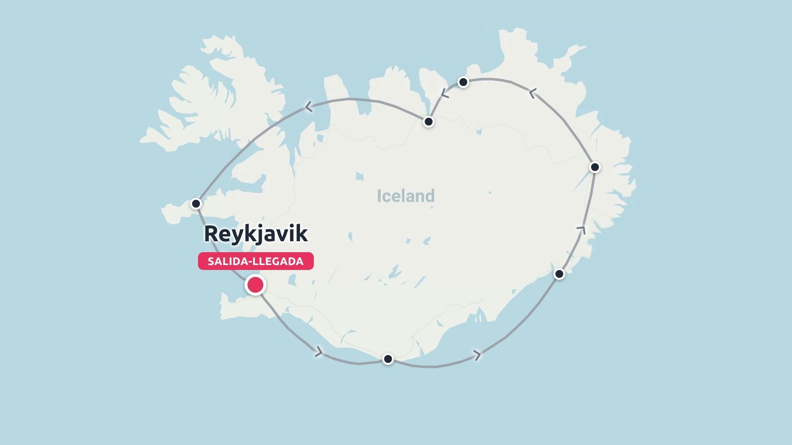 Un mapa de viaje de Islandia que muestra una ruta circular que comienza y termina en Reikiavik.