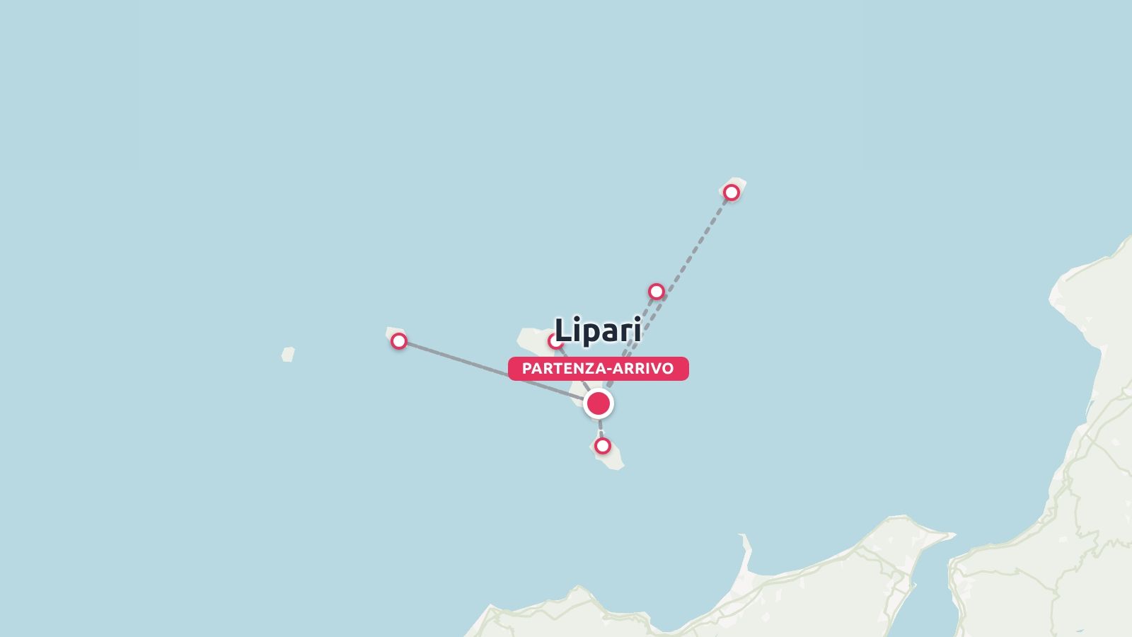 Una mappa dell'itinerario di viaggio con partenza e arrivo a Lipari e collegamenti con le isole circostanti