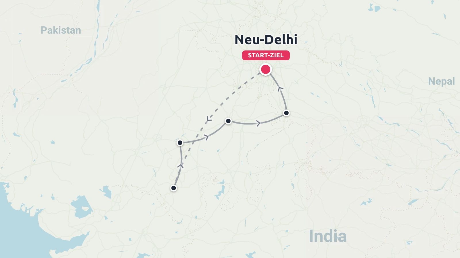 Eine Reiseroute durch Indien mit einer Rundreise, die in Neu-Delhi beginnt und endet.