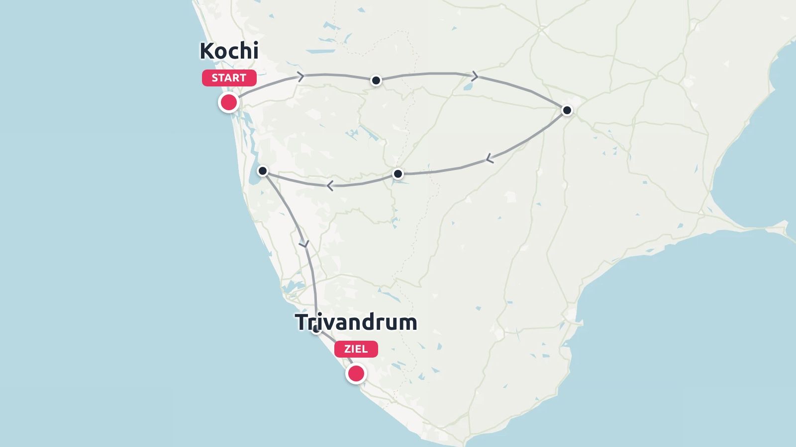 Eine Reiseroute von Kochi nach Trivandrum mit eingezeichneten Zwischenstopps entlang des Weges