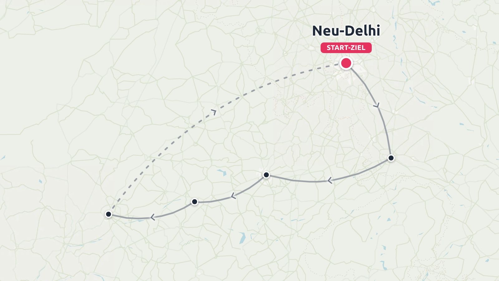 Eine Reiseroute, die einen Rundweg mit Start und Ziel in Neu-Delhi und mehreren Stationen entlang des Weges zeigt.