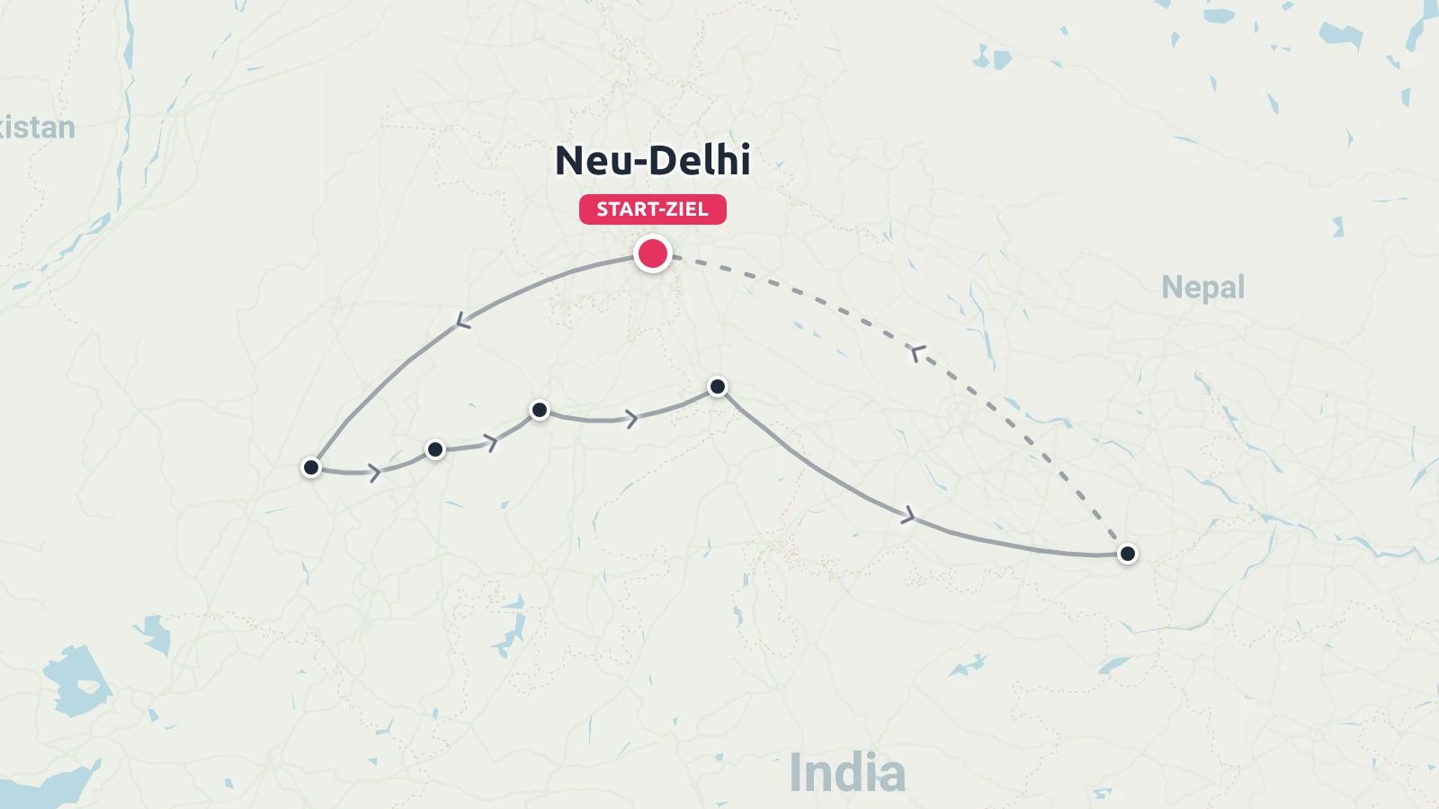 Reiseroute durch Nordindien mit Start und Ziel in Neu-Delhi inklusive Richtungspfeilen
