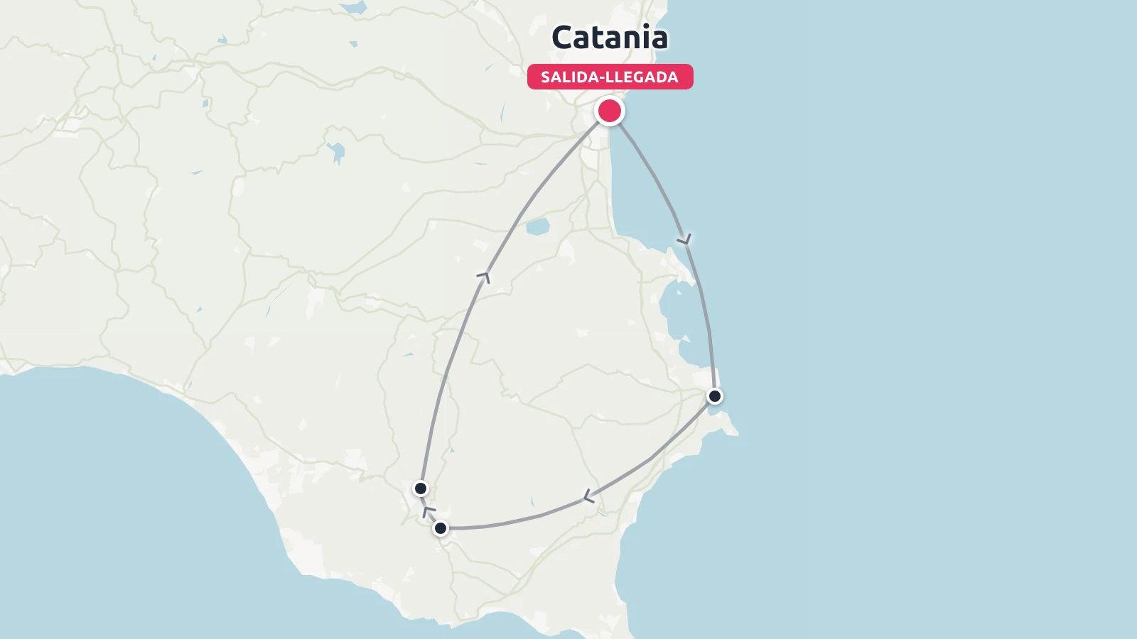 Mapa de ruta de viaje que muestra un itinerario circular que comienza y termina en Catania.