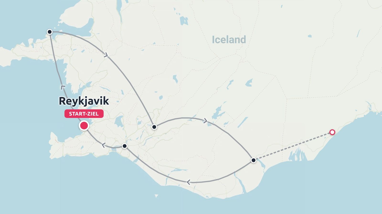Reiseroute um Island beginnend und endend in Reykjavik mit markierten Wegpunkten entlang der SüD- und Westküste
