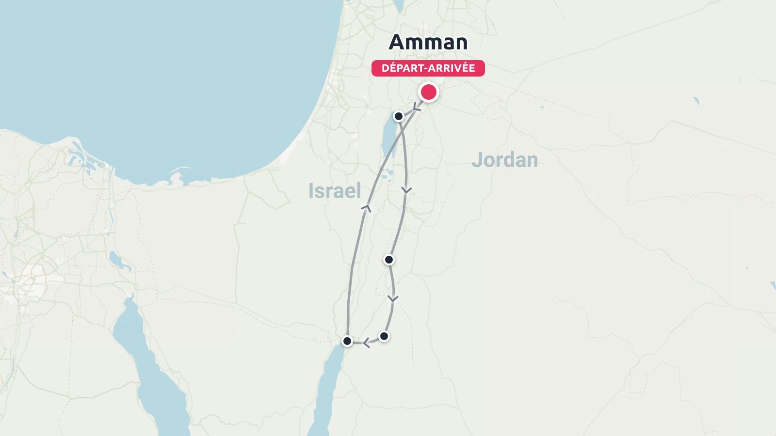 Carte de l'itinéraire de voyage montrant une boucle commençant et se terminant à Amman à travers la Jordanie et Israël