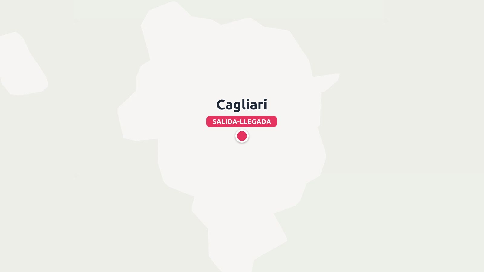 Un mapa minimalista que destaca Cagliari con un pin circular rojo marcado como punto de salida y llegada