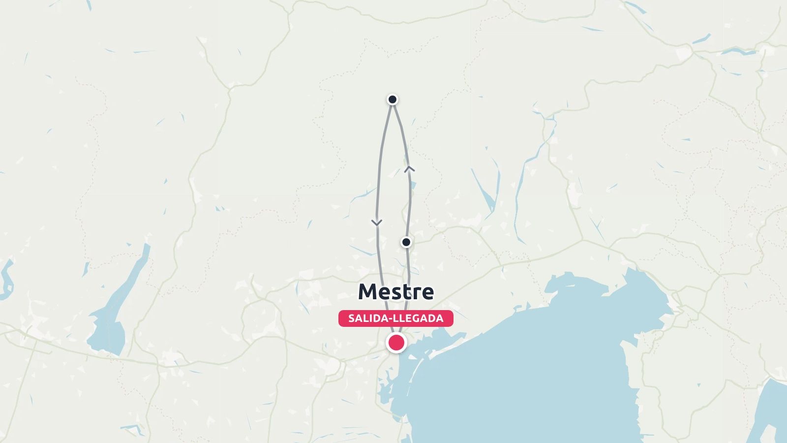 Mapa de ruta de viaje que muestra un circuito que empieza y termina en Mestre con paradas marcadas hacia el norte