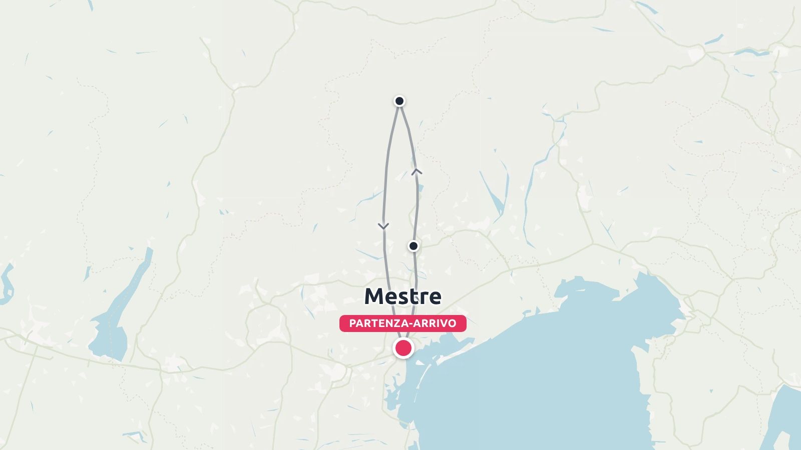 Una mappa dell'itinerario di viaggio che mostra un percorso ad anello con partenza e arrivo a Mestre e tappe di destinazione settentrionali.