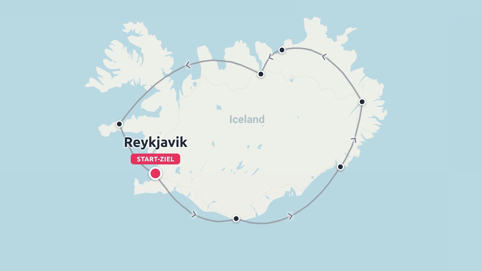 Karte von Island mit einer Rundreise und mehreren Stopps, Start und Ziel in Reykjavik
