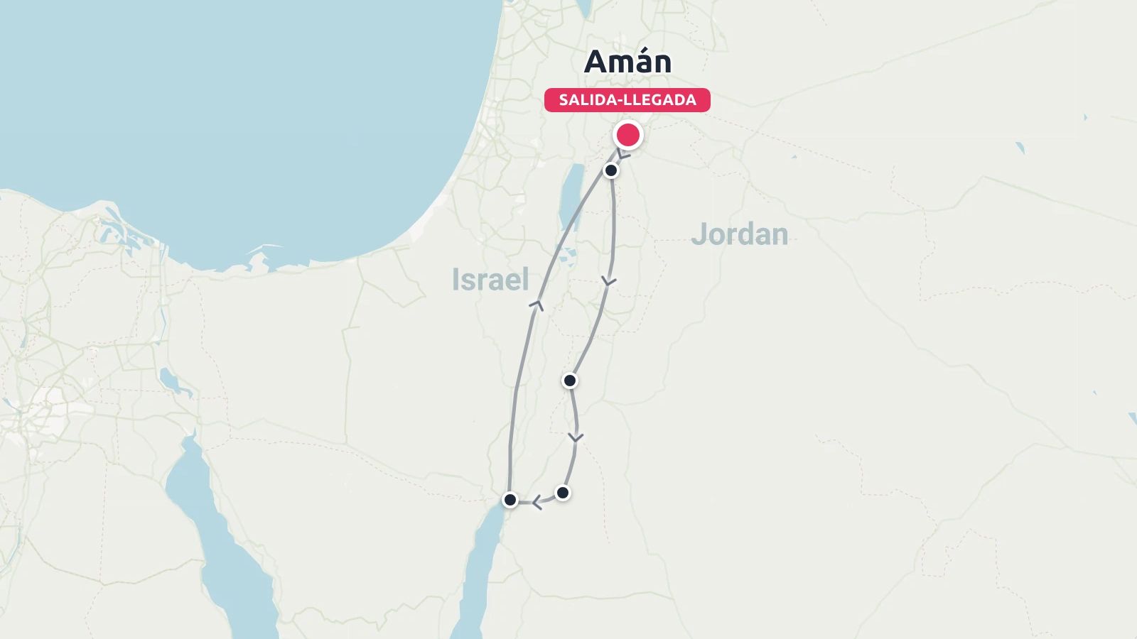 Mapa de la ruta del itinerario de viaje que muestra un viaje circular que comienza y termina en Amán a través de Jordania