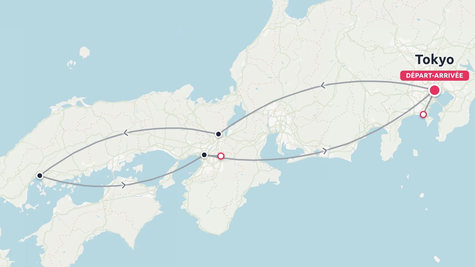 Carte de l'itinéraire de voyage au Japon montrant un parcours en boucle commençant et se terminant à Tokyo avec plusieurs arrêts marqués le long du chemin