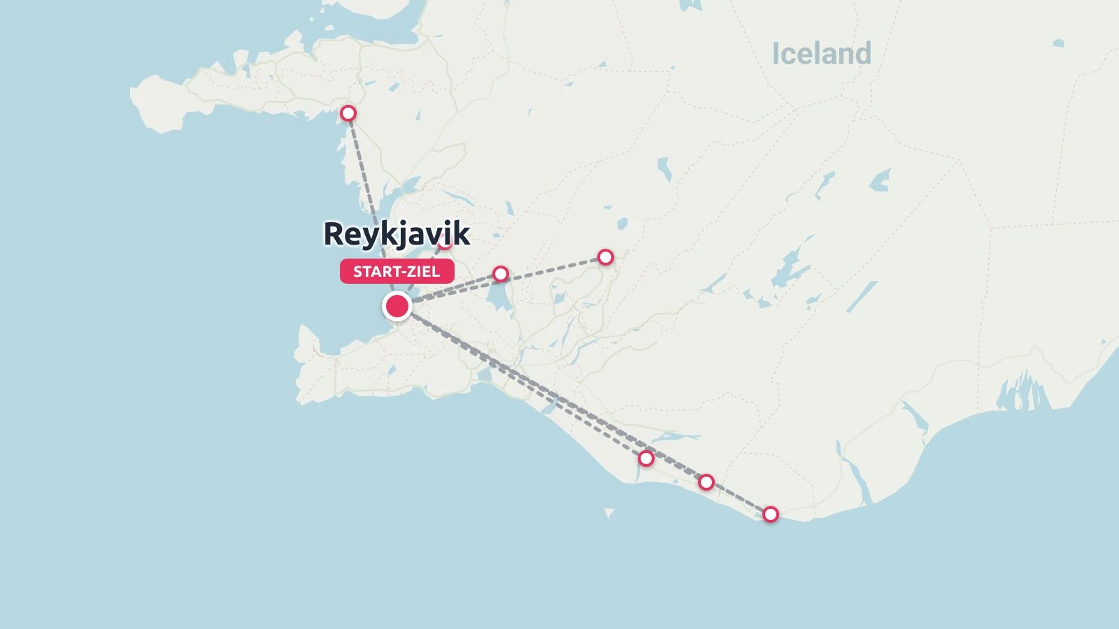 Reiseroute-Karte von Island mit einer Reiseroute, die in Reykjavik beginnt und endet, mit Stopps entlang der Küste.